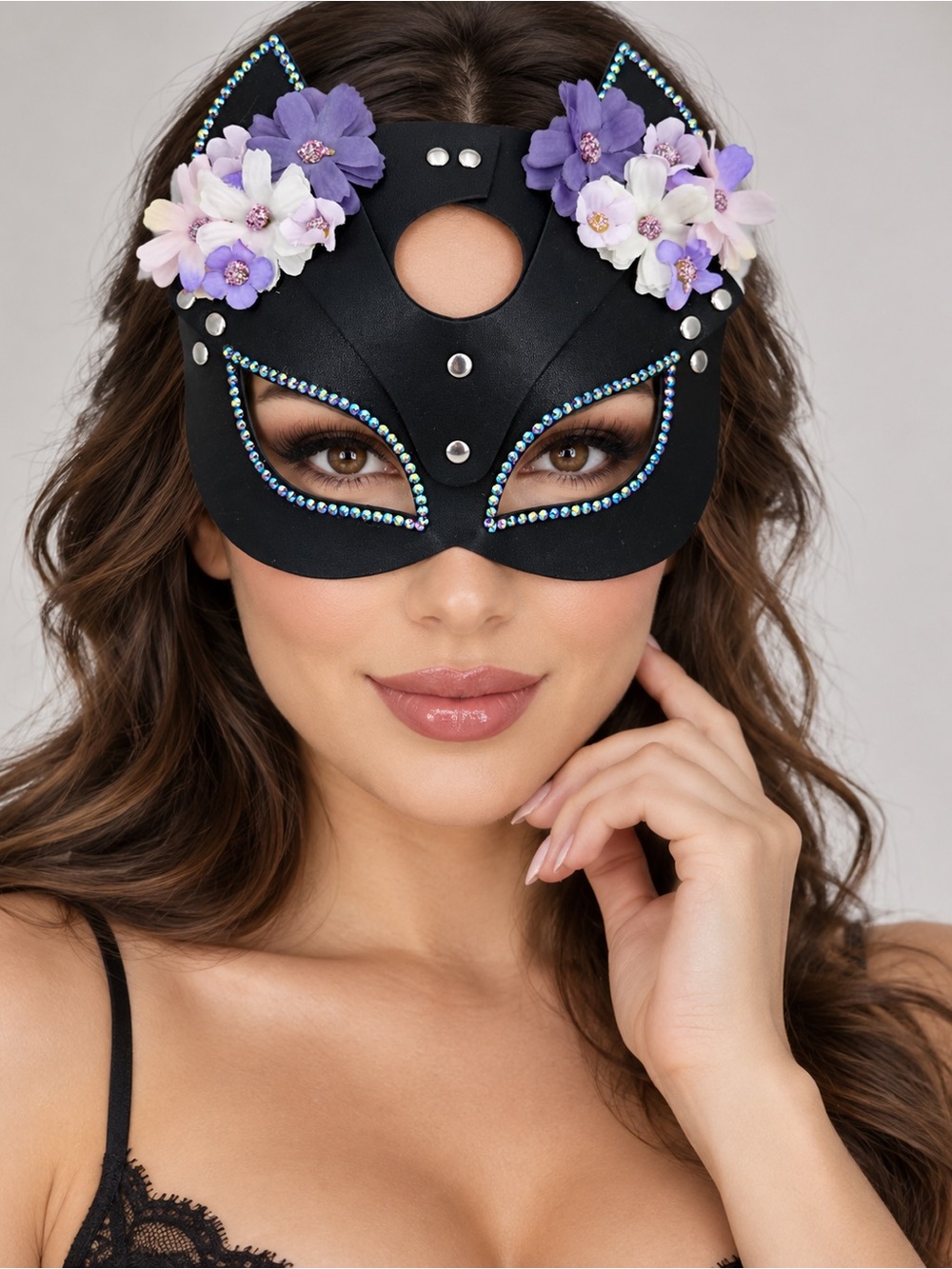 Hand-Decorated Floral Rhinestone Faux Leather Cat Masquerade Mask